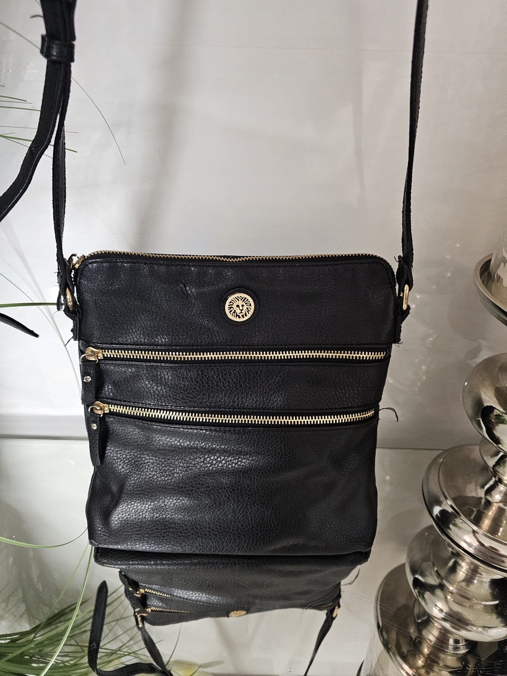 Black  Crossbody Bag with Gold Zippers And Pebbled Finish